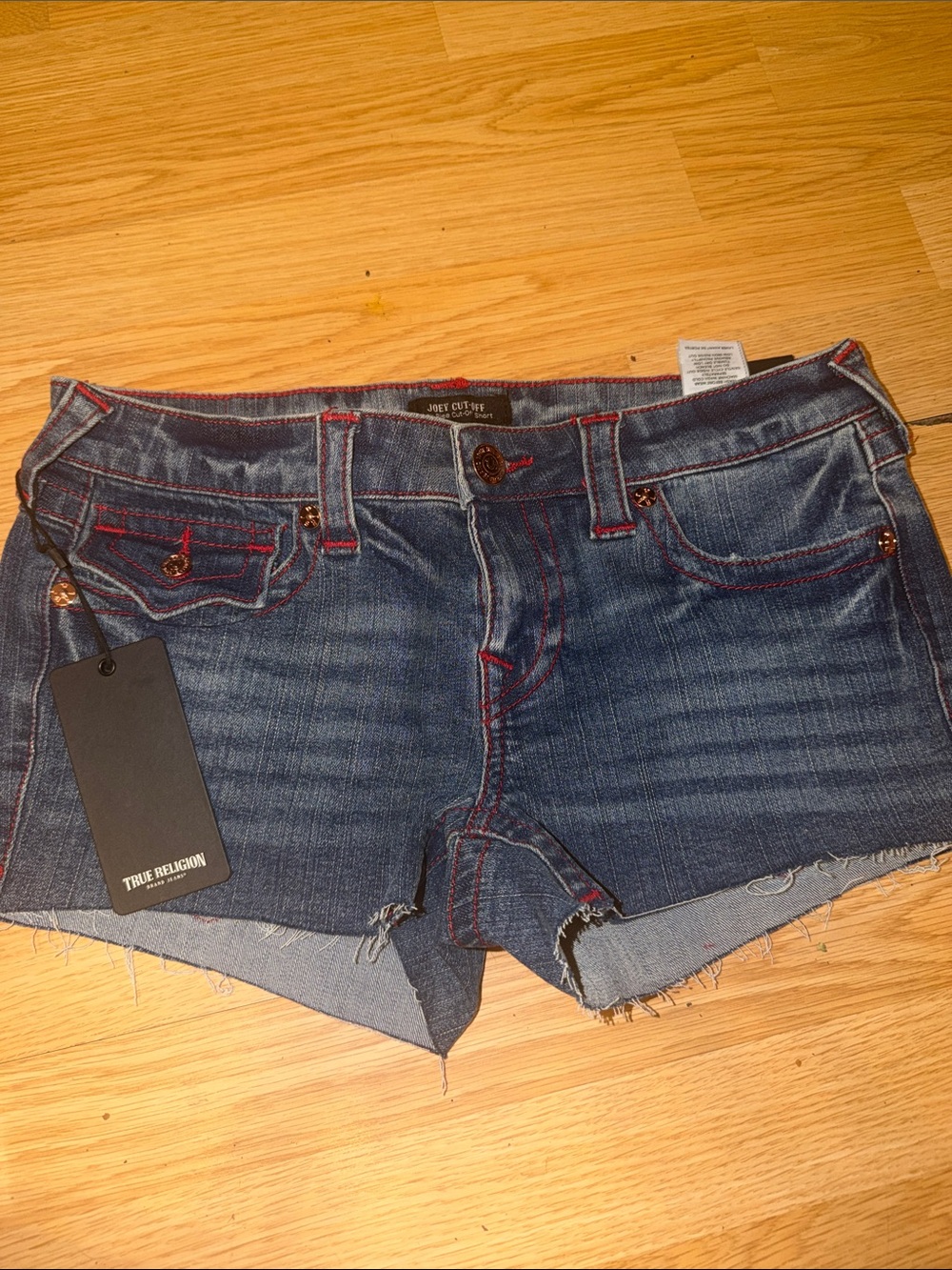 True Religion Dark Blue Denim Cutoff Shorts with Red Stitching